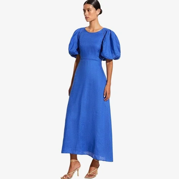 Faithfull The Brand Valerina Maxi Dress Size S Sicilian Blue Linen Boho Resort - Picture 3 of 12